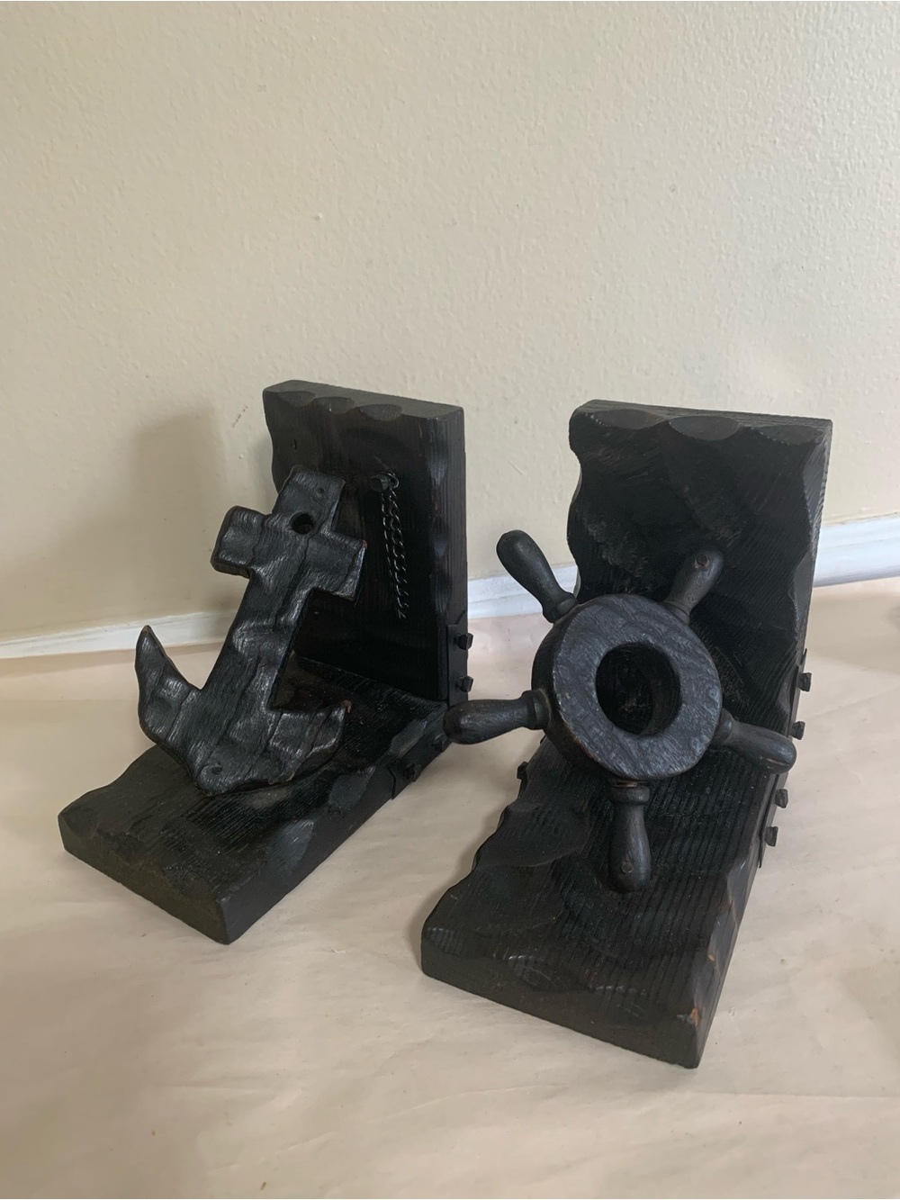 Vintage Brutalist Wooden Nautical Bookends Anchor Ship Wheel 1960s Rustic Matte